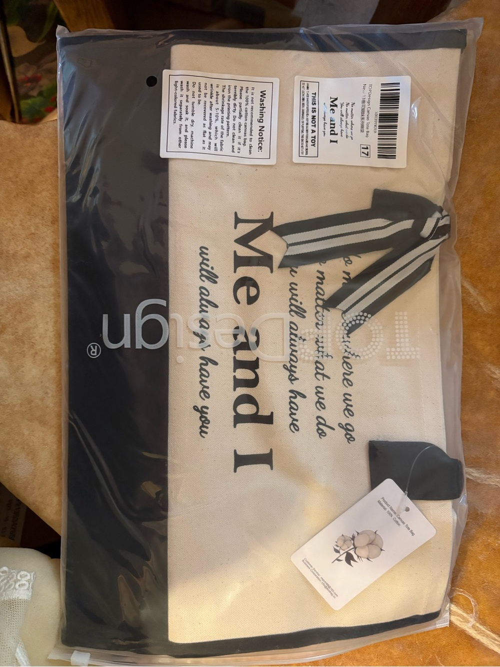 Canvas Tote Bag with Black Trim and Stripe Bow